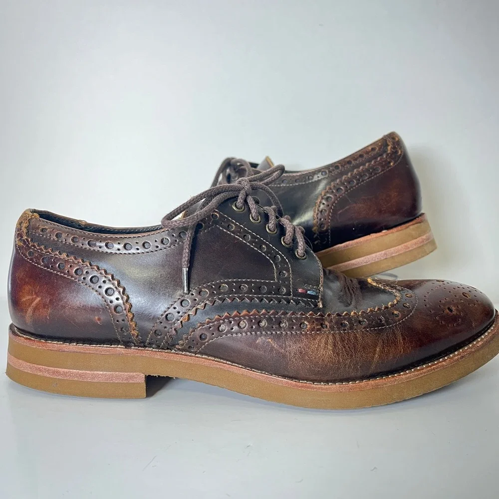Paul Smith Mens 9 Dark Brown Leather Wingtip Brogue Oxford Shoes Burnished Dress